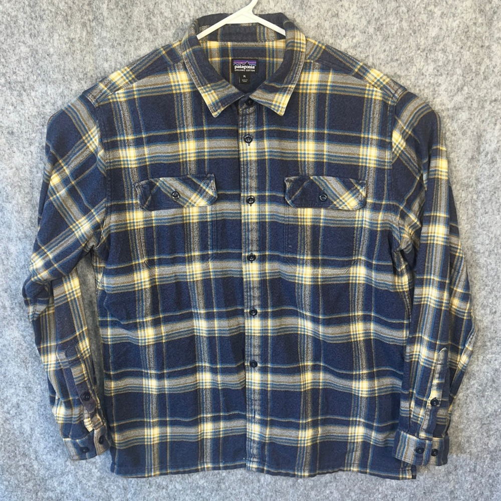 Patagonia Fjord Flannel Shirt Men's XL Navy Blue Yellow Organic Cotton Plaid L/S